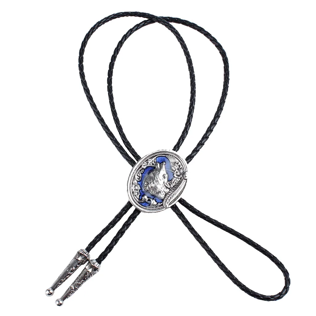 Vintage Aborigines silver color Wolf Western Cowboy Rodeo Bolo Leather Necktie