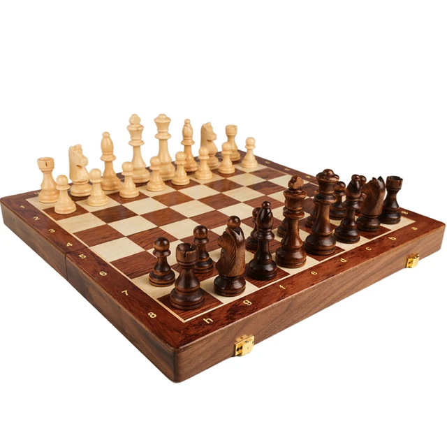 Buy Online Best Quality Chess Set Top Grade Wooden Folding Big Traditional Classic Handwork Solid Wood Pieces Walnut Chessboard Children Gift Board Game