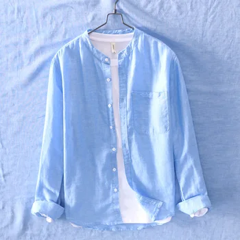 

2020 Men Solid Color Stand Collar Flax Casual Shirt YOUTH Spring Comfortable Breathable Holiday Casual Shirt