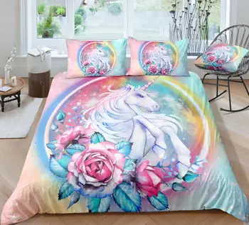 

KTLRR Unicorn Duvet Cover Sets,Galaxy Flowers Ring White Unicorn Colorful Bedding Sets,Kids Home Bedroom ,100% Microfiber