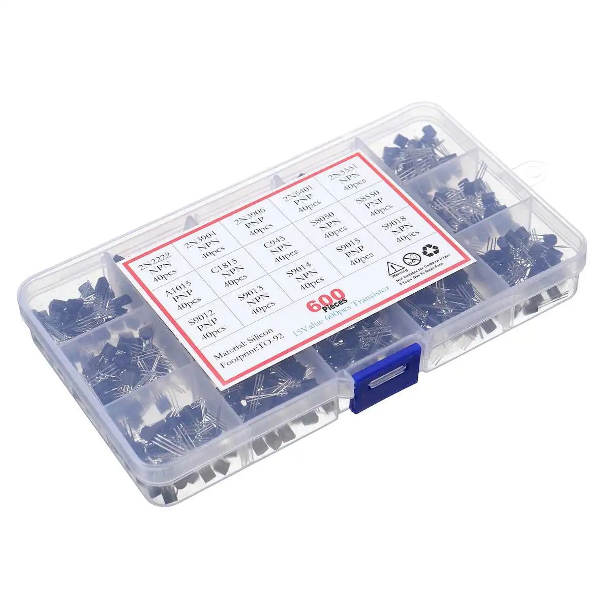 600Pcs 15 Types Silicon In-line NPN / PNP TO-92 Transistor Assortment Kit Pack Electronic Components & Supplies Active Component
