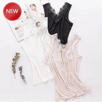 

Lace V Neck Sleeveless T-Shirts Vest Tank top Women's 50% Silk Aesthetic Clothes