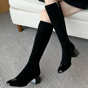 

Women Square Toe Thick Heeled Knee High Boots Ladies Fashion Flock Genuine Leather Winter Zip Party Shoes Black Gray Long Boots