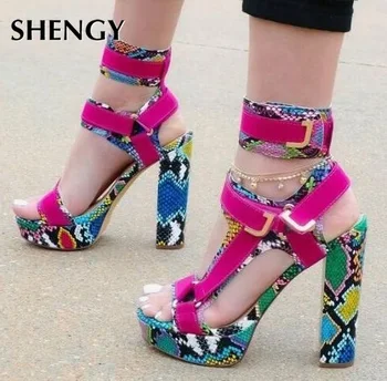 

2020 SHY Summer Women Sexy Pumps Patchwork Platform Hook Loop Sandals Fuchsia Square Heels Dress Sandals Nightclub Party Shoes
