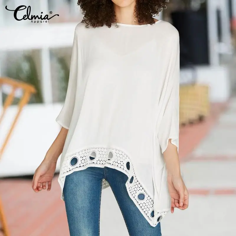 Celmia 2020 Women Lace Hollow White Blouses Sleeve Ladies Office Shirts Plus Size Tops Asymmetrical Casual Loose Blusas Celmia 2020 Women Lace Hollow White Blouses Sleeve Ladies Office Shirts Plus Size Tops Asymmetrical Casual Loose Blusas