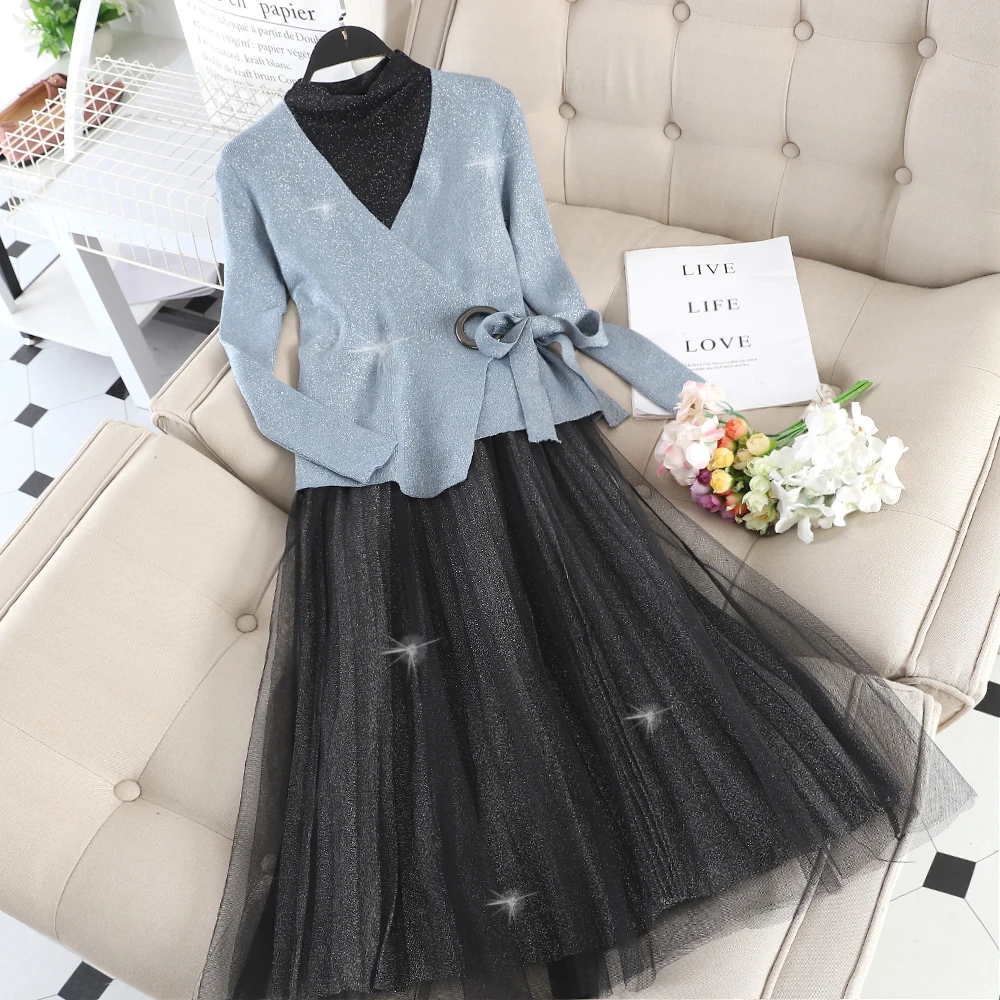 

Western style suit spring and autumn sweater with mesh dress fashion slim two-piece female