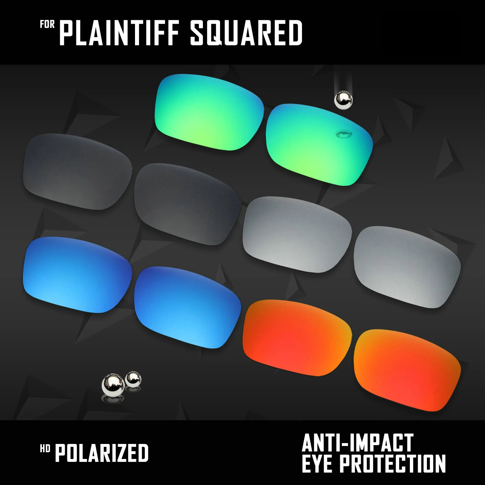 

OOWLIT 5 Pairs Polarized Sunglasses Replacement Lenses for Oakley Plaintiff Squared OO4063-Black & Silver &Ice Blue &Red & Green