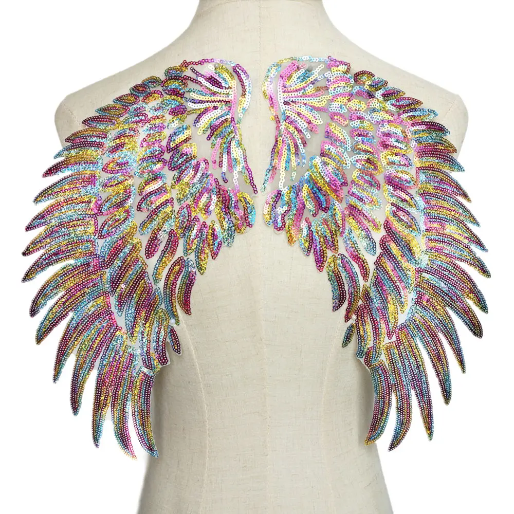 

2PCS Rainbow Sequin Feather Angel Wings 33CM Sew Iron on Patches For Jeans Shirt DIY Appliques Decoration