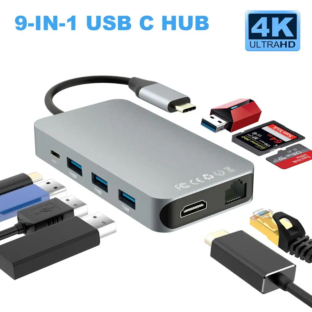 9 в 1 Тип C на HDMI/RJ45/HDMI 4K концентратор USB/SD/TF многофункциональная док-станция для Macbook Pro samsung S9 thunderbolt 3 USB C
