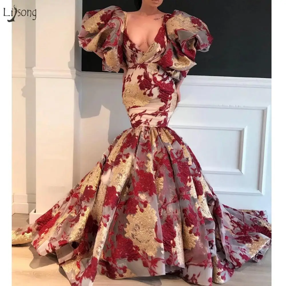 

Dubai Colorful Flower Lace Mermaid Prom Dresses With Puffy Sleeves Sexy Deep V-neck Prom Gowns Ruffles Party Dresses