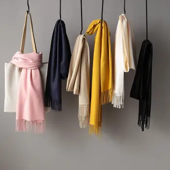

Hot autumn and winter new wild double-sided solid color tassel plus velvet thick warm knitted imitation cashmere scarf shawl