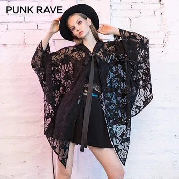

PUNK RAVE Girl's Gothic Lace-up Swallow Tail Hooded Coat Party Club Personality Women Short Cape with Brooch Butterfly Collar