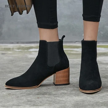 

New Cow Suede Chelsea Boots Slip-On Pointed Toe Square Heel Ankle Boots for Women High (5cm-8cm) Women Shoes Microfiber Solid