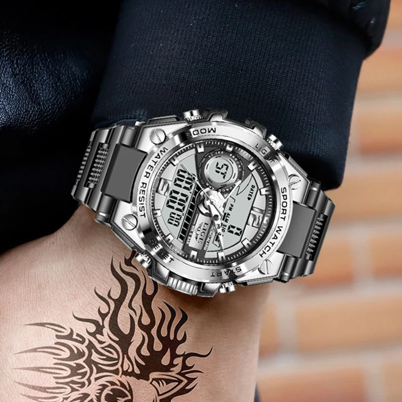 Relogio Masculino 2021 LIGE Sport Men Quartz Digital Watch Creative Diving Watches Men Waterproof Alarm Watch Dual Display Clock