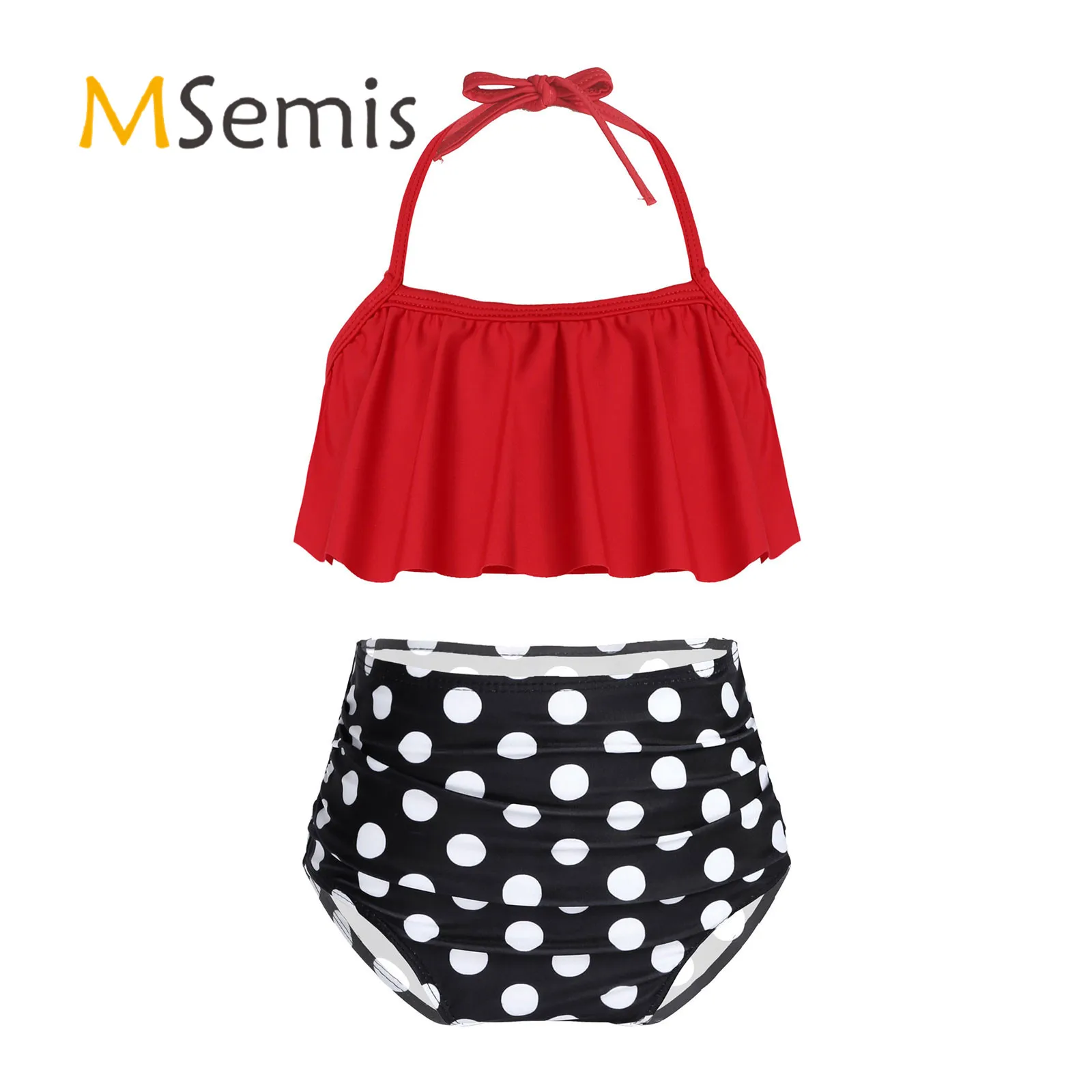 Baby Girls Bikini Swimsuit Halter Bowknot Tube Top+Polka Dot Short Skirt Bottoms Swimwear 2PCS Bathing Suit Sets 
