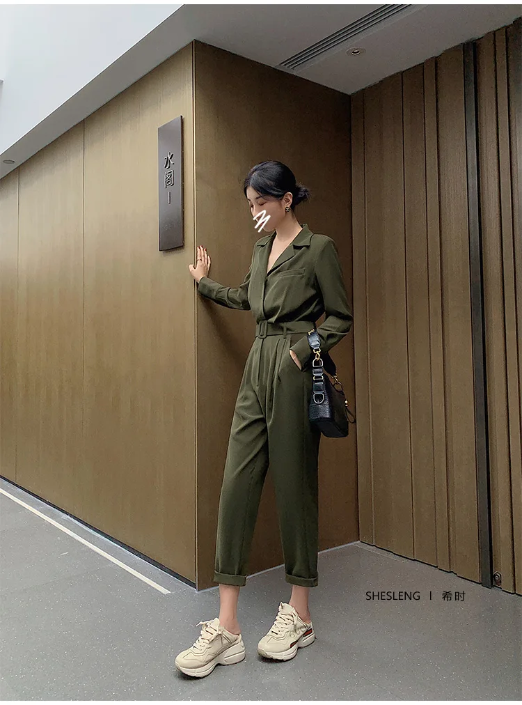 Модный женский сексуальный армейский зеленый комбинезон с поясом с длинным рукавом с высокой талией уличная одежда Jumpsiut комбинезон длинные брюки