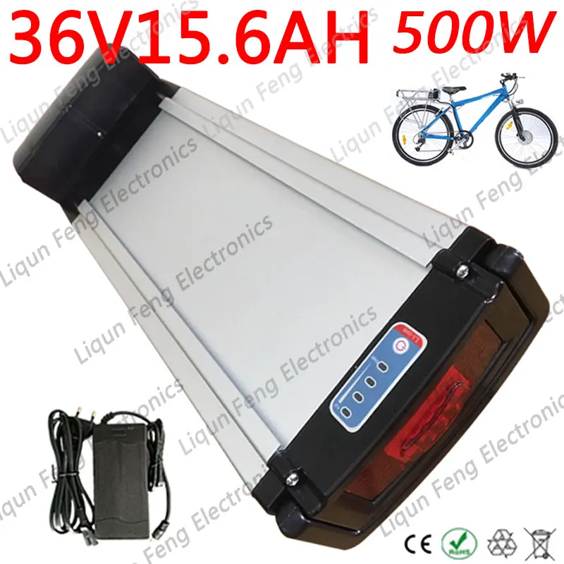 500W 36V 15AH Rear hanger Lithium ion Battery use 2600MAH cells Electric Bicycle li-ion battery 20A BMS + 2A Charger |