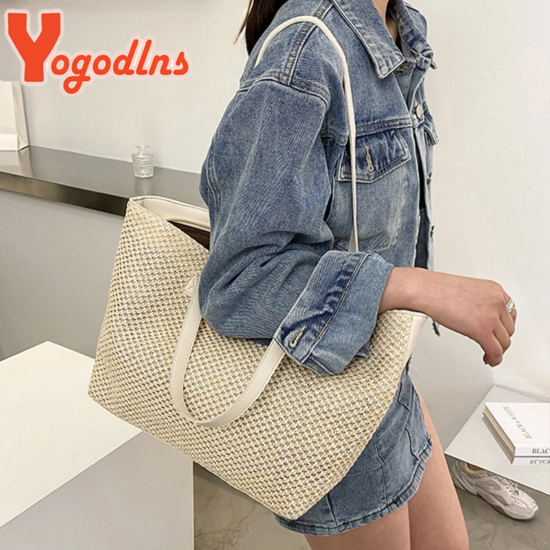 Summer Straw Bag Women Large Capacity Weave Totes Bag Handmade Rattan Beach Bag Vacation Lady Straw Shoulder Bag Pouch