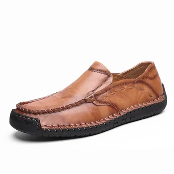 

Spring large size leather shoes men's hand-stitched retro loafers breathable casual Moccasin shoes