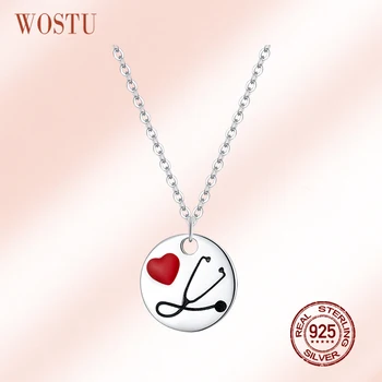 

WOSTU 100% 925 Sterling Silver Stethoscope Heart Necklace Round Coin Chain Link For Women Original Design Trendy Jewelry CQN426