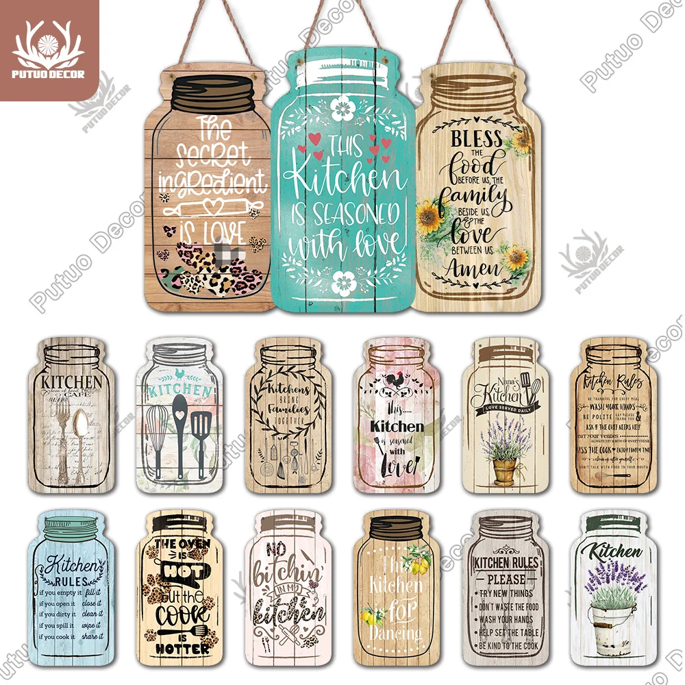 

Putuo Decor Kitchen Sign Mason Jar Shape Wood Hanging Sign Irregular Plate for Rustic Home Decoration Kitchen Wall Decor GiftTag