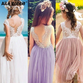 

3-8 Years Summer Girl Dress Princess Wedding Party Little Girl Ceremonies Flower Lace Tutu Layered Dress Backless Clothes