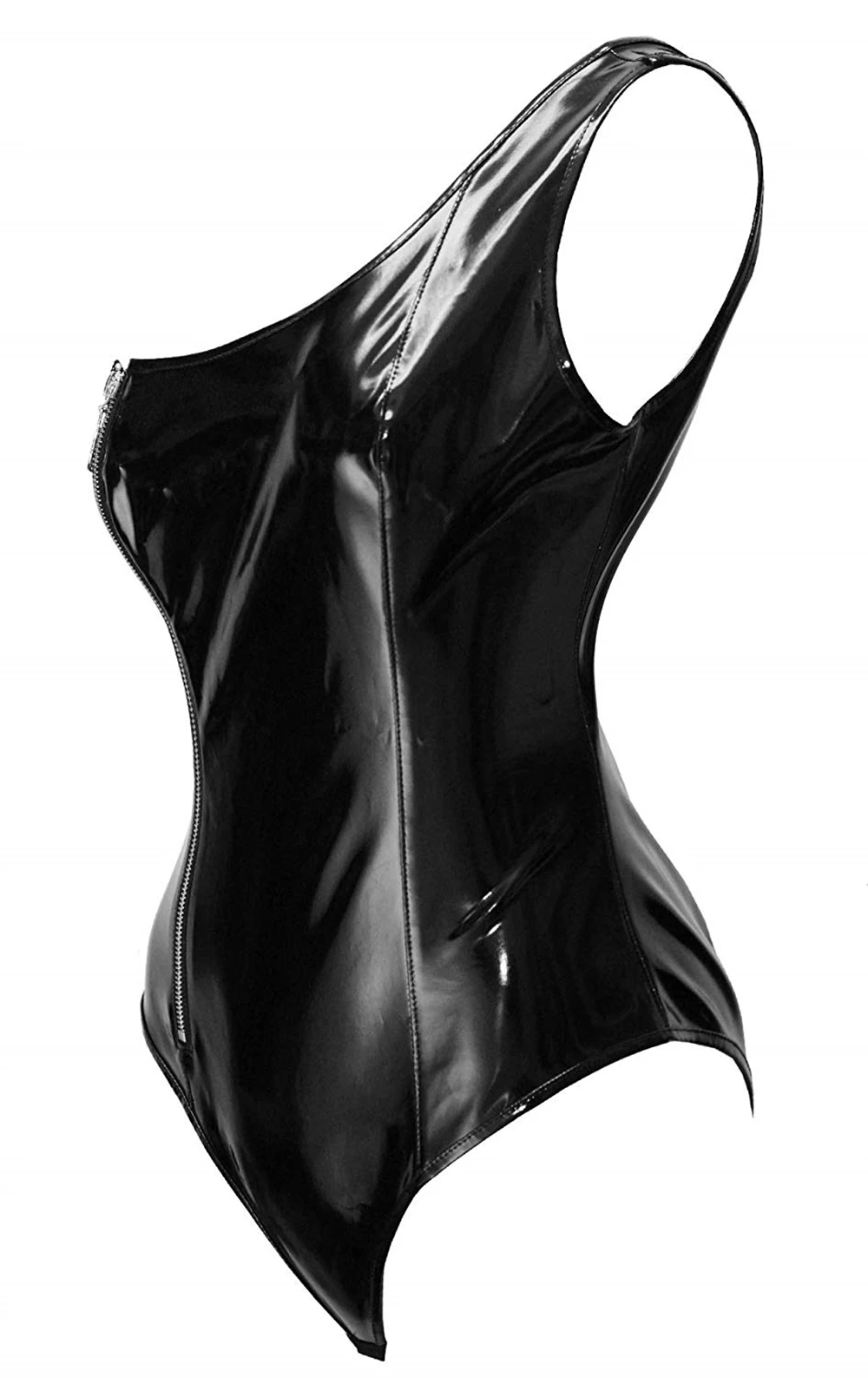 corset bodysuit Women PU Bodysuit Sexy Black Wet Look Faux Leather Teddy Zipper One Shoulder Jumpsuit Fetish Club Girl Sleeveless Playsuits white long sleeve bodysuit