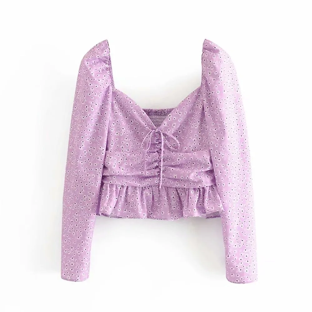 Женская рубашка с V образным вырезом и длинным рукавом плиссированная