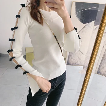 

V-neck Women Sweaters and Pullovers 2020 New Slash Neck Cut Out Bows Long Sleeve Knit Sweater Women White Black knit Sexy Tops