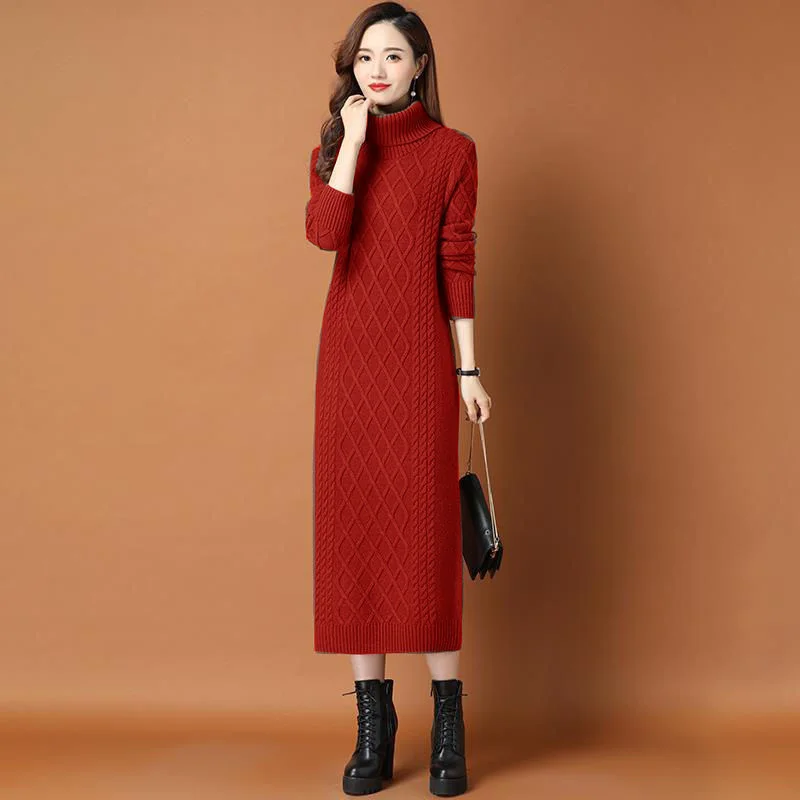 red sweater High-necked Long Sweater Women's Thick Autumn Winter Loose Outwear Twist Base Dresses Knitted Dress Women Turtle Neck Pullover christmas sweaters