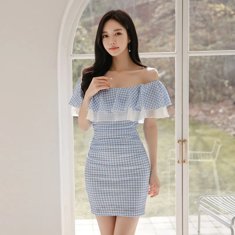 

WOMEN'S Dress 2019 Summer New Products Korean-style Elegant Horizontal Neck Flounced Plaid Slimming Sheath Dress