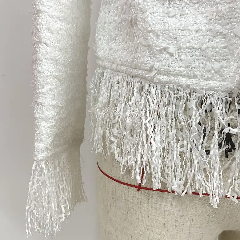 New Arrival Jacquard White Woolen Two 2 Pieces Set Women Autumn Winter Button Tassel Mini Club Coat&Skirts Party Dress