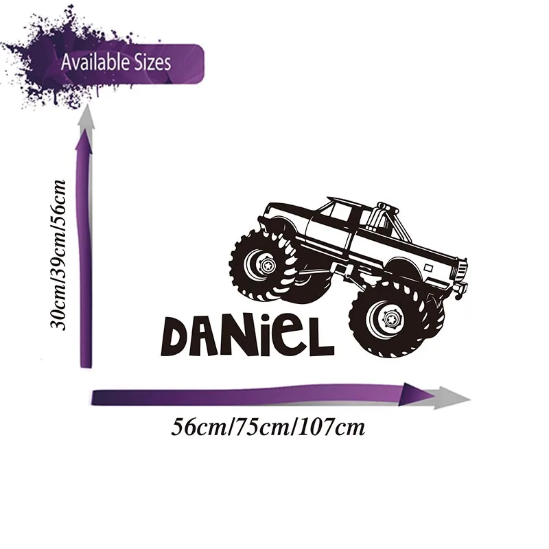 Cartoon Custom Name Monster Truck Car Wall Sticker Boy Room Playroom Personalized Name Monster Car  Vehicle Wall Decal  Bedroom  (1)