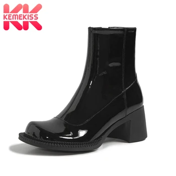 

KemeKiss New Design Woman Ankle Boots Genuine Leather Thick Heel Woman Short Boots Fashion Cool Winter Shoes Footwear Size 34-40