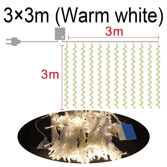 3x3 м 300 светодиодов для дома, улицы, праздника, рождества, декоративные, свадебные, рождественские гирлянды, сказочные занавески, гирлянды, полосы, Вечерние огни - Испускаемый цвет: Warm white