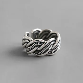 

Retro 100% Authentic 925 sterling silver Fine thread Bold Twist design Weave ring wind twine Band Long Rings adjust TLJ919
