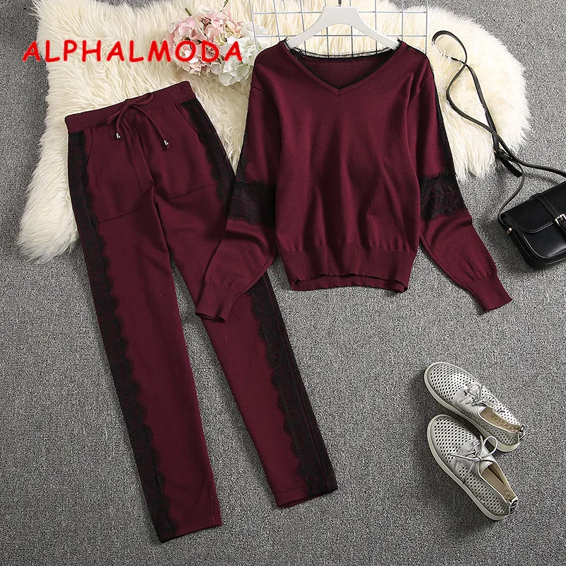 ALPHALMODA Зима Новое поступление Женская мода вязаный свитер+ брюки 2 шт спортивный костюм кружева пэчворк модный сезонный комплект