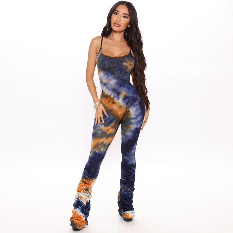

2020 Summer Women Jumpsuit Sexy Style Model Tie-dye Print Spaghetti Strap Stacked Leggings European & American Rompers Bodysuit