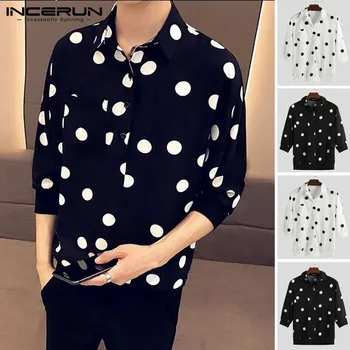 

Streetwear Men Shirt Polka Dot Print Button 3/4 Sleeve Turn-down Collar Camisa Stylish Casual Business Shirts Men 2020 INCERUN