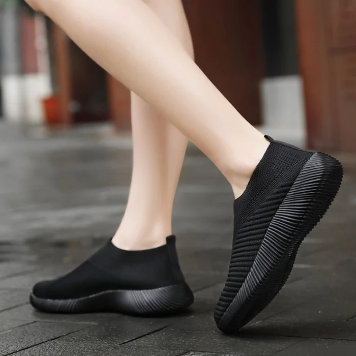 Women Comfy Slip-on Knitting Sneakers Breathable Mesh Platform Walking Shoes for Summer BHD2