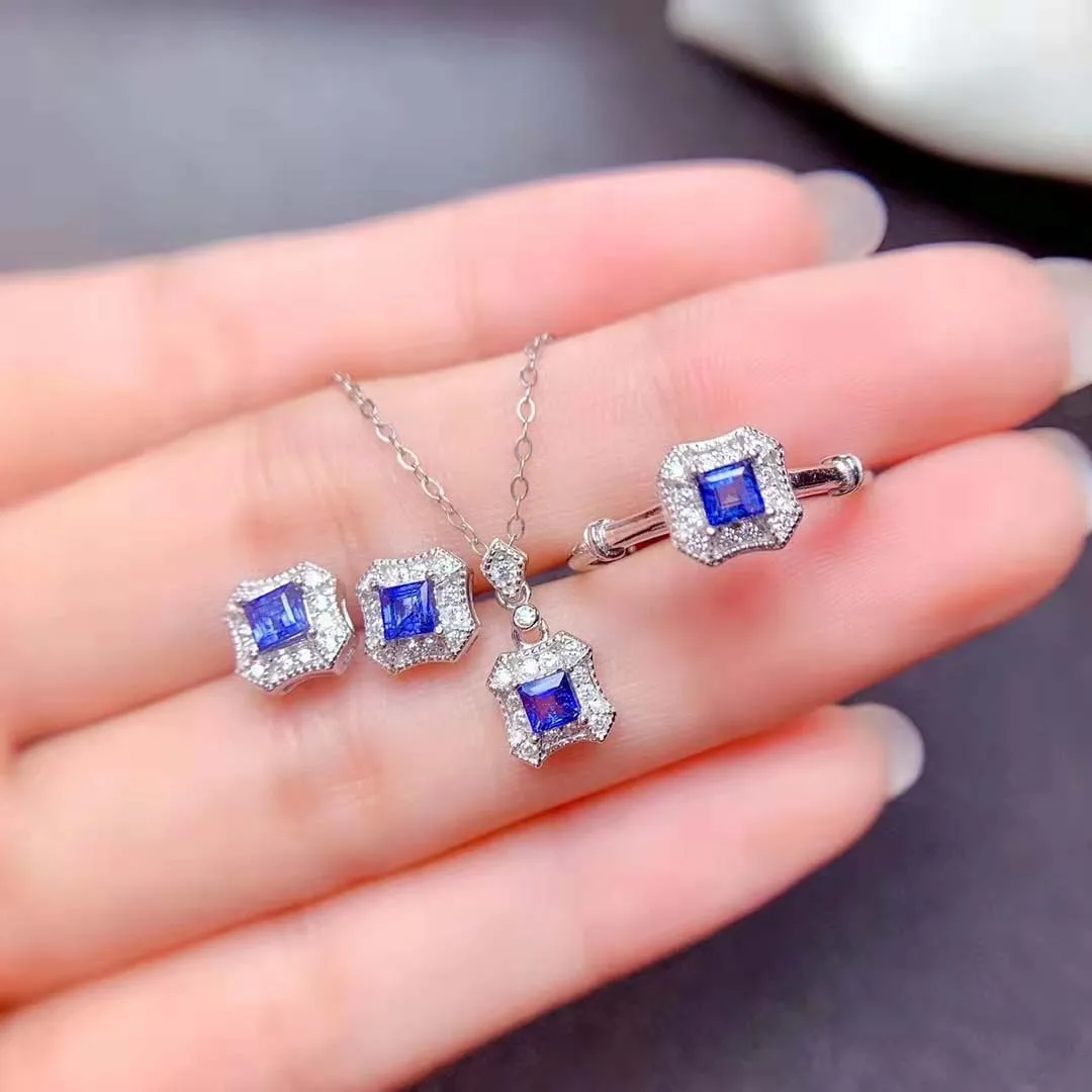 Natural Sri Lanka Sapphire S925 Sterling Silver Ring Earrings Pendant