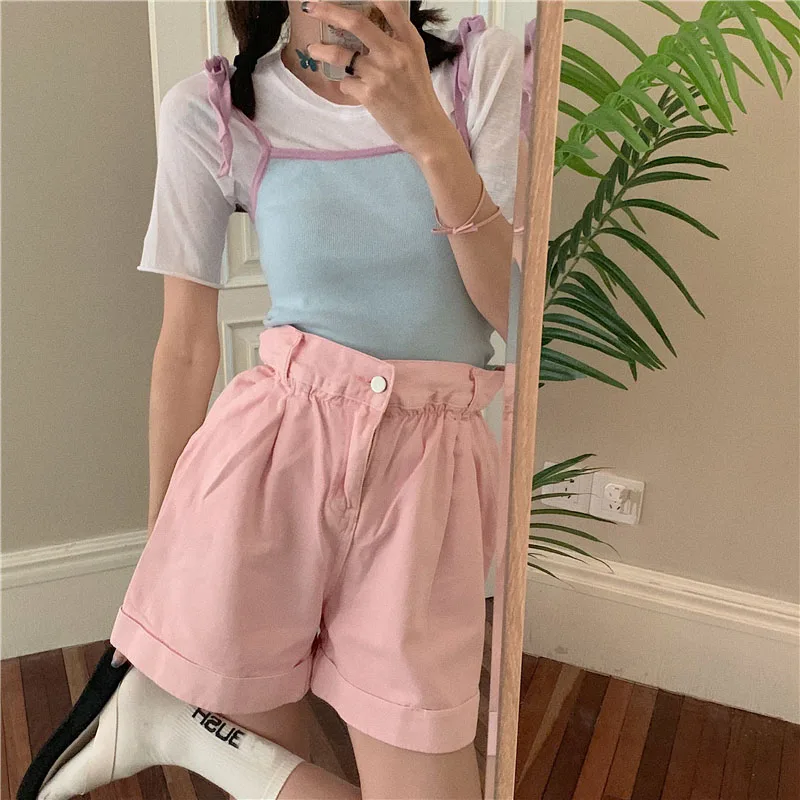

Korean Kawaii Sweety Girly Two Piece Set Lace Up Bow Knitting Suspenders High Waist Elastic Force Loose Pink Bud Short Suit