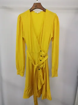 

High Quality Fashion Dress 2020 Summer New Temperament Yellow Wave Dot Jacquard Floured V-neck Wrap Dresses Women
