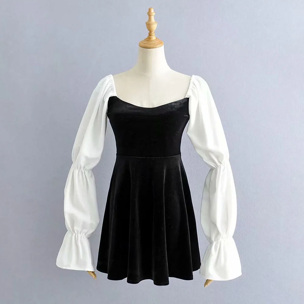 

Gothic Elegant Vintage Dress Women Gothic Black Patchwork Chiffon Flare Sleeve Velvet Mini Dresses Pleated Spring 2020 Preppy