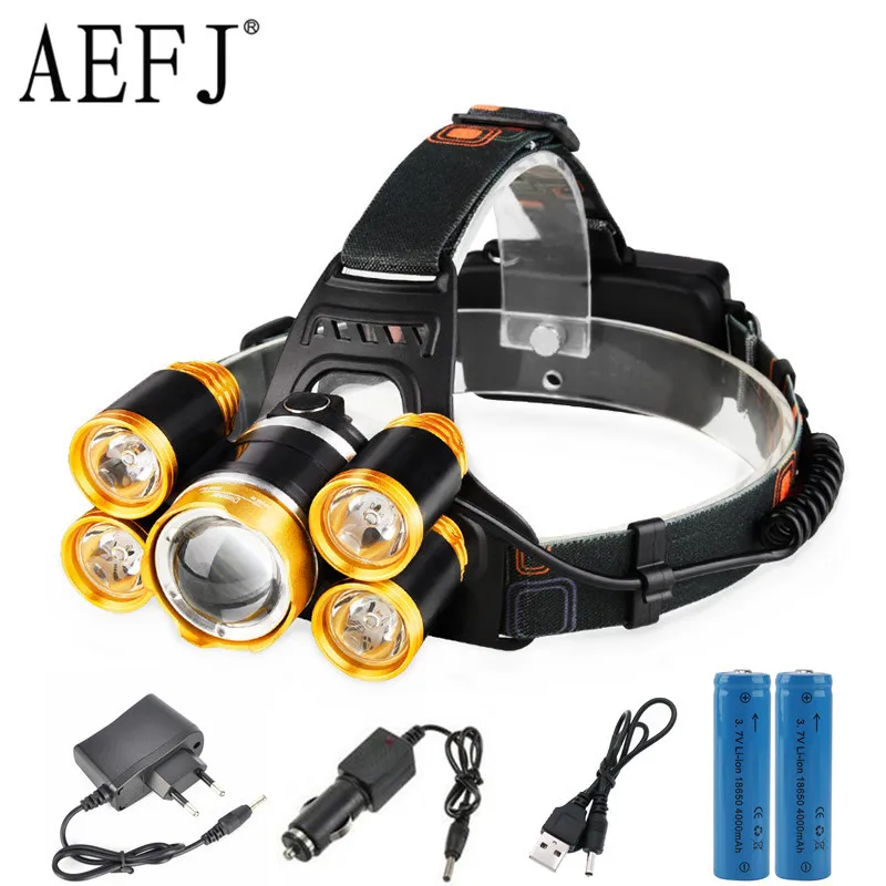 AEFJ Super bright LED Headlamp 5*T6 Lamp bead waterproof Headlight Zoomable fishing lamp camping Use 18650 battery | Освещение