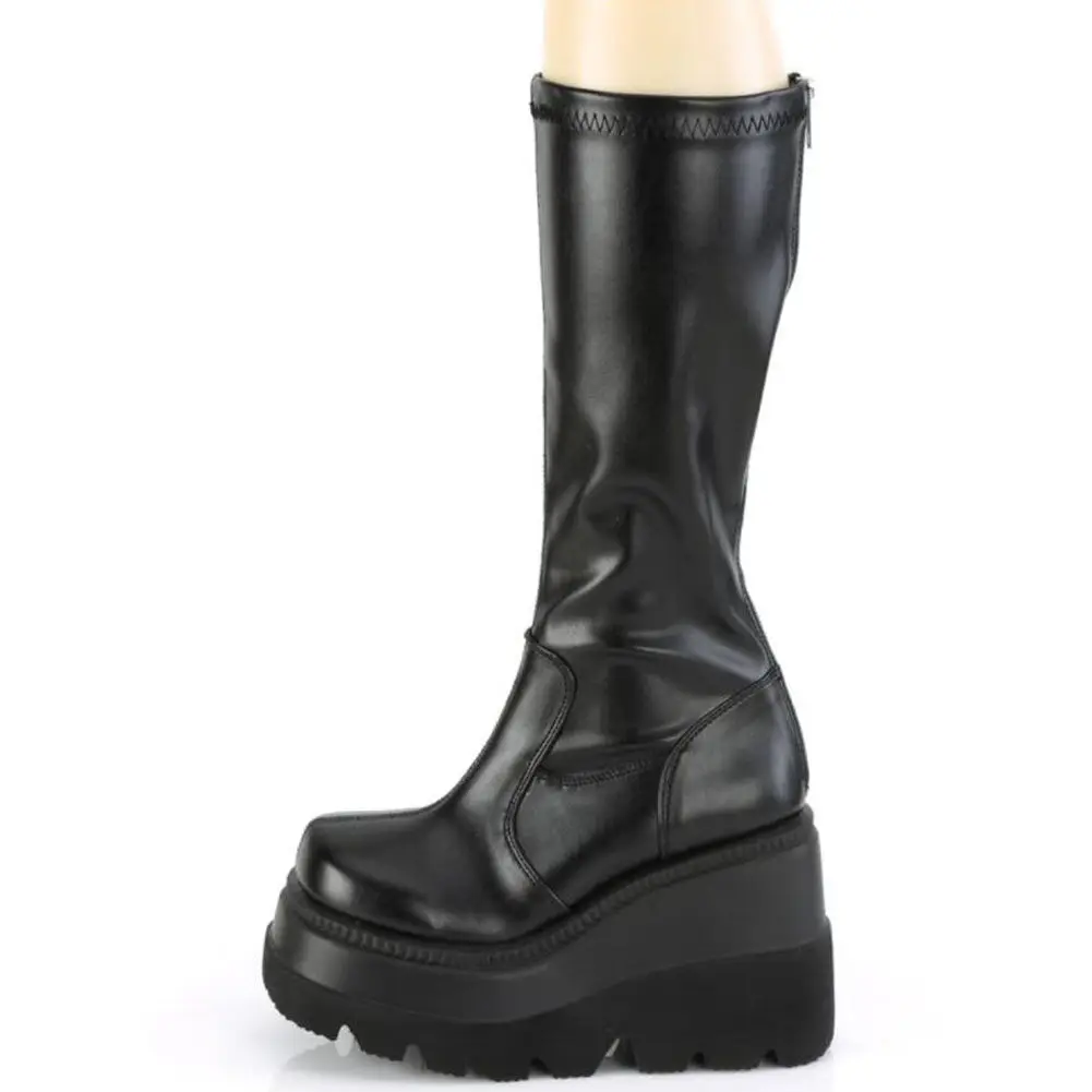 2021 New Large 43 Gothic Black Slope Heel High Heels Thick Bottom Fashion Cool Autumn and Winter Motorcycle Boots Women's Shoes