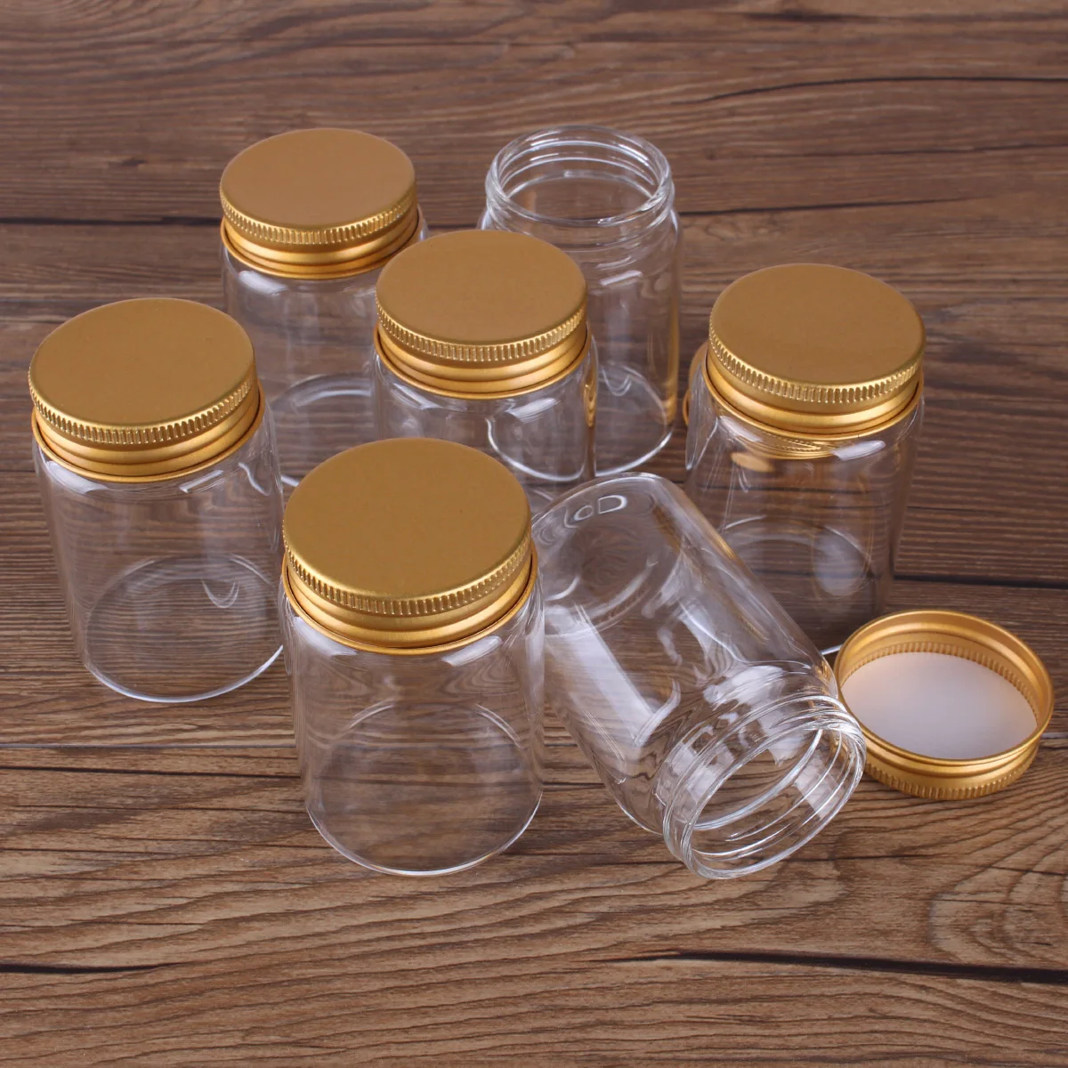 12 pieces 80ml 47*70*34mm Glass Bottles with Golden Aluminum Caps Spice Bottles Pill Container Candy Jars Vials for Wedding Gift 4