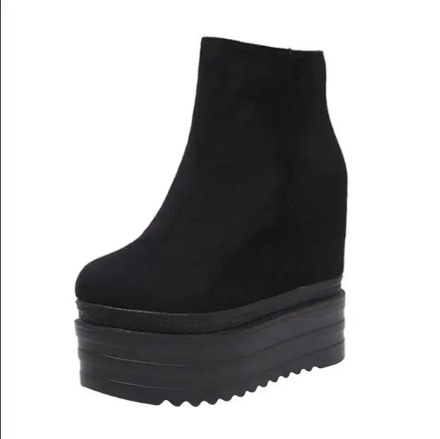 

13CM wedge with super high heel boots waterproof platform muffin thick-soled suede black Martin boots women's shoes