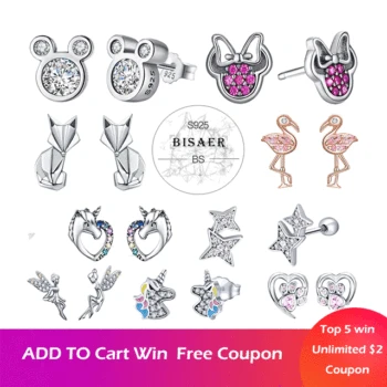 

Bisaer Brand 925 Sterling Silver Earrings cute cartoon mickey rainbow love heart CZ crystal stone stud for women girl Brincos