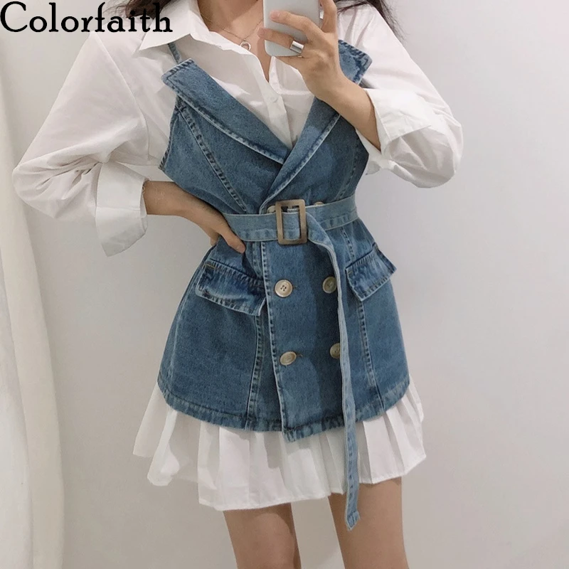 

Colorfaith 2020 New Summer Woman 2 Piece Sets Shirt Dress Matching Denim Vest High Waist Vintage Sashes Casual Lady Suits WS7280